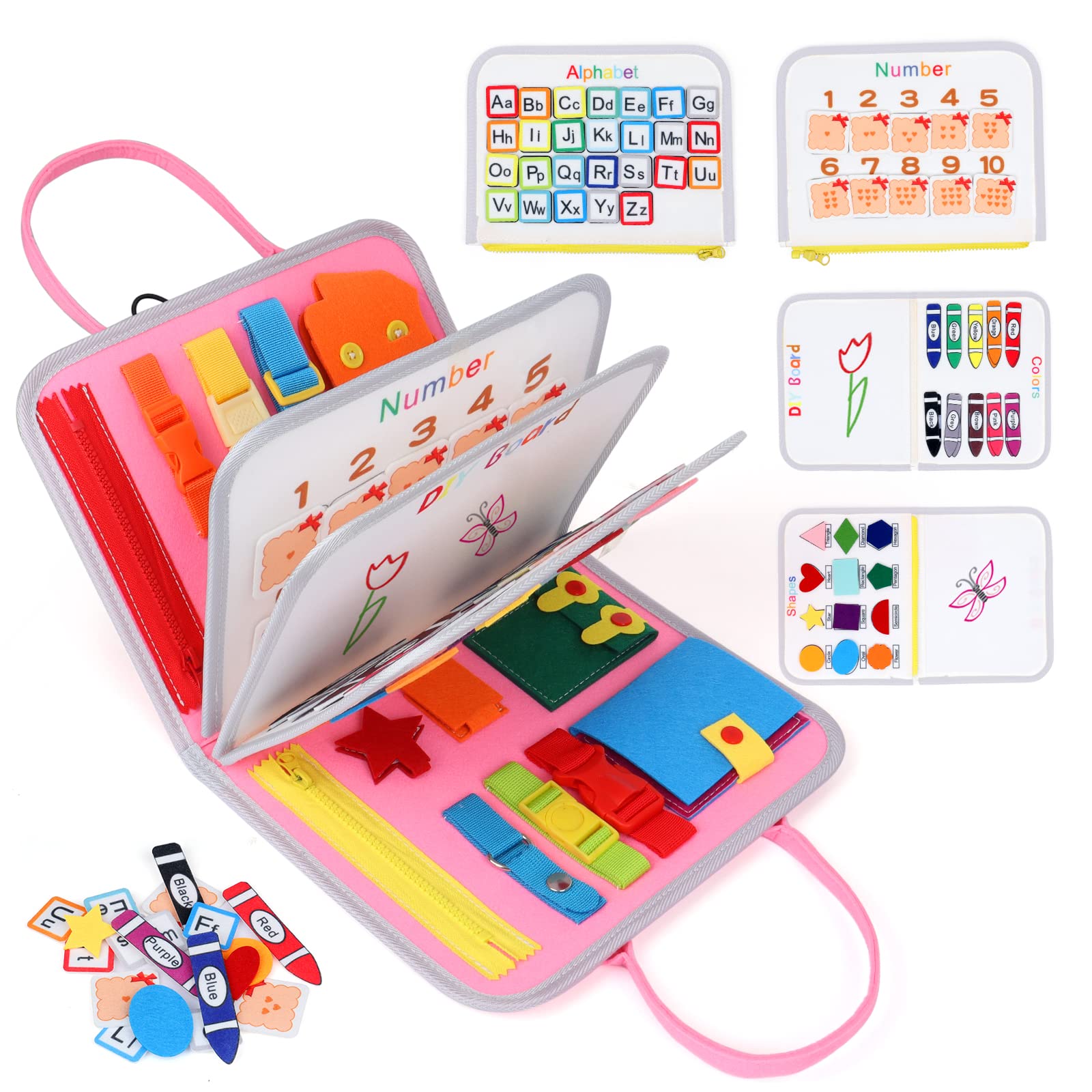 Boyigog Busy Board for Toddlers, Montessori Sensory Dinosaur Books, Felt Toys with Basic Skills,Buckle,Alphabet,Numbers, Activity Book Toy for 1 2 3 4 5 Years Old Baby Toddler Boys Girls (Pink)