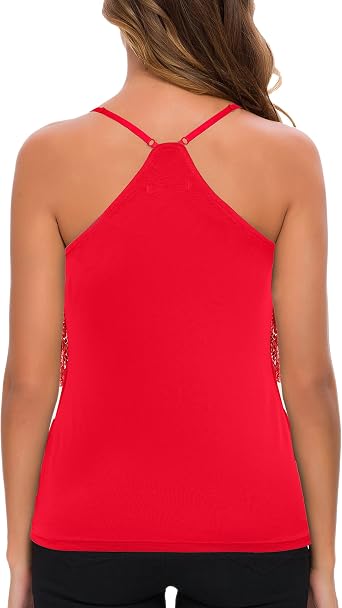 MANER Womens Sequin Fringe Top Sparkly Party Tank Top Tassel Trim Cami
