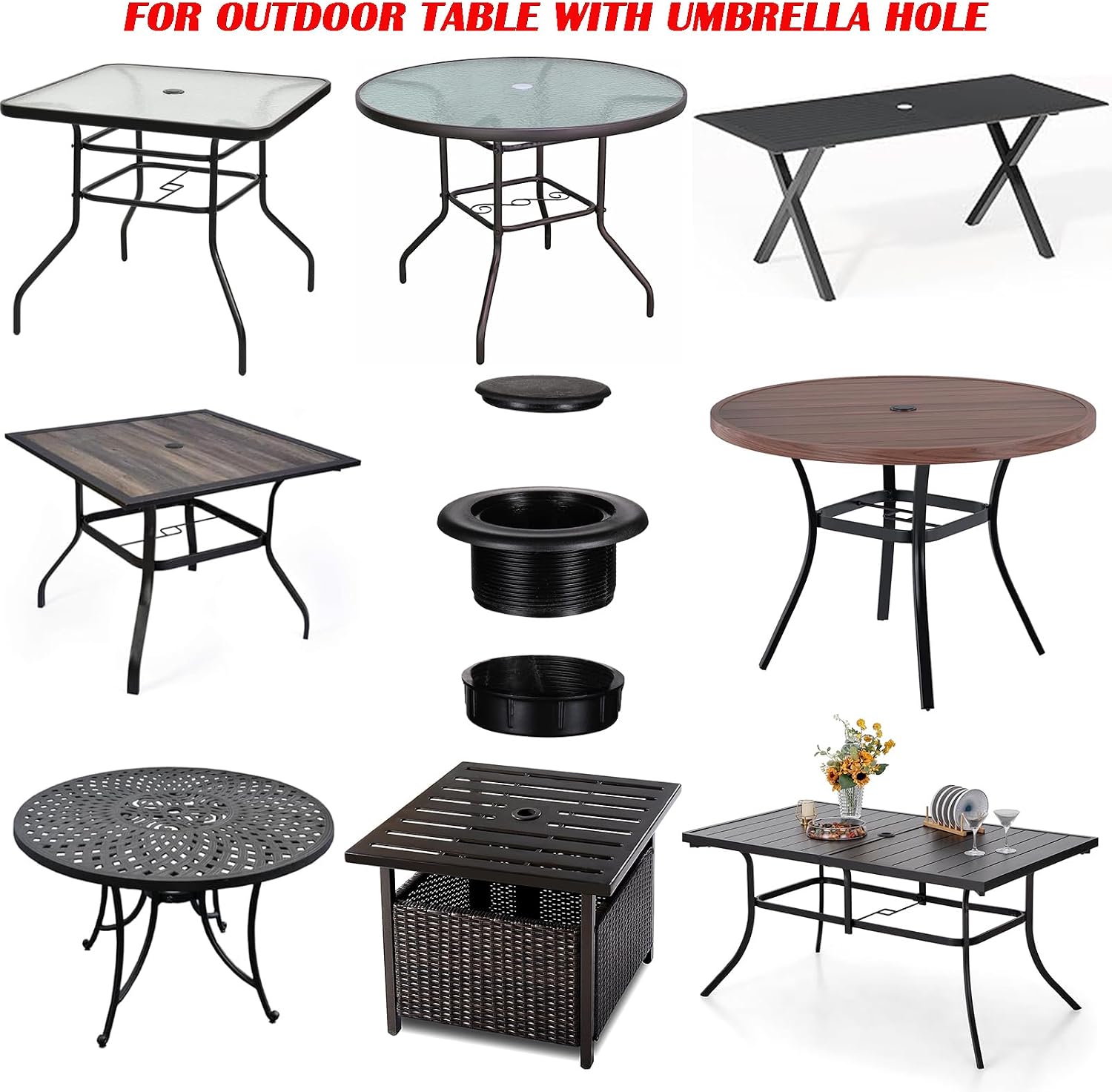 UpinFun Patio Table Umbrella Hole Ring Plug Cap Set for Outdoor Parasol Table Hole Cover Insert Pole Replacement Stabilizer Parts Black