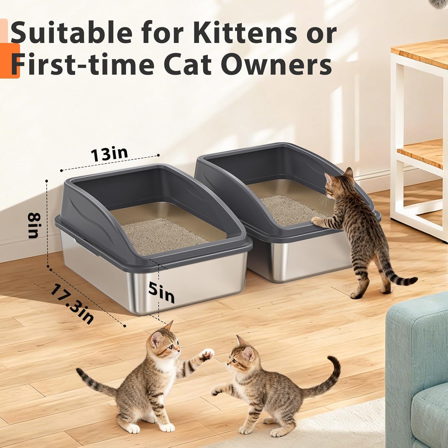 2 Pack Stainless Steel Litter Box for Kitty | Metal Kitty Litter Box with Lid High Sided for Small Cats or Injured Cats, Bunny Litter Boxes, Low Entry, Odor-Free, Non-Stick,Includes Scoop Small Dark Gray