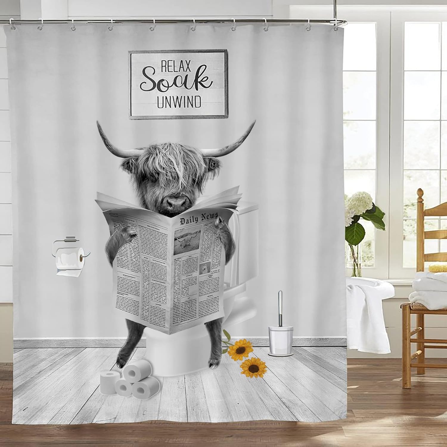 SweetFox Farmhouse Funny Highland Cow Shower Curtain Rustic