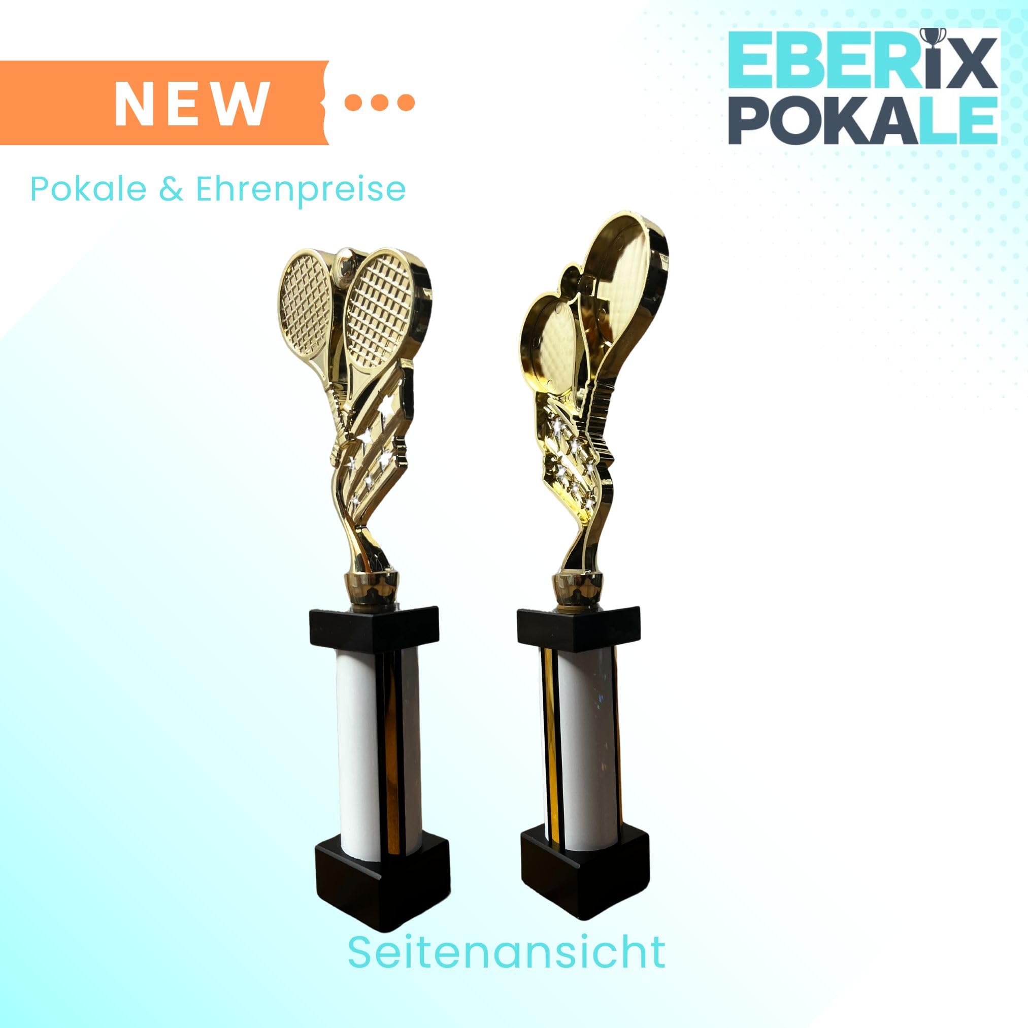 eberix · Tennis Pokal · mit Wunschgravur · Trophäe mit weißer Glanzsäule · Siegerpokal für Tennis-Turnier, Vereinsmeisterschaft, Schulsport, Doppelturnier · personalisierbar ·
