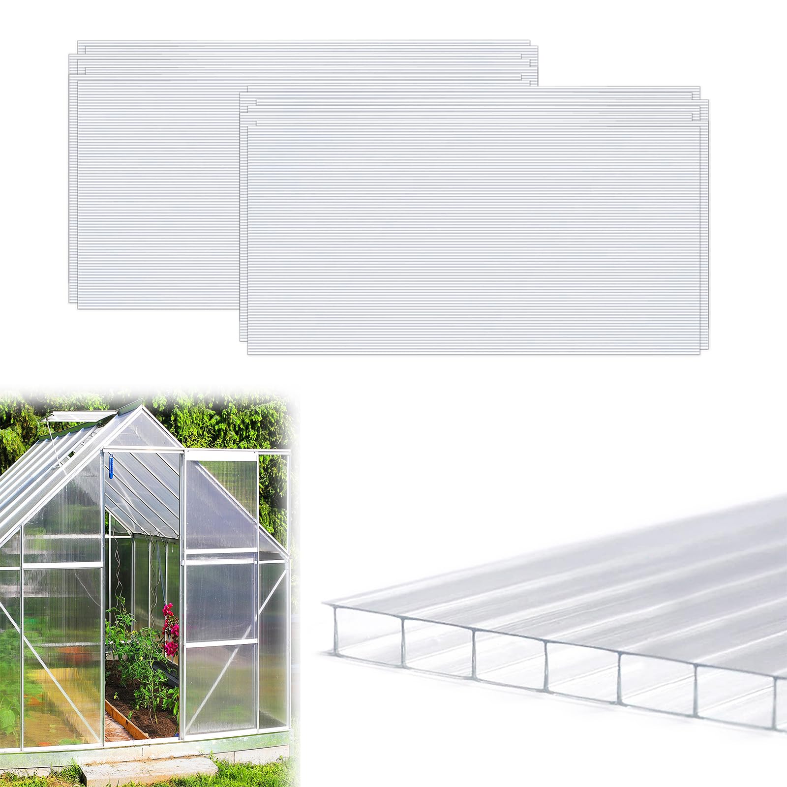 Gewächshaus Doppelstegplatten, Polycarbonatplatten klar, Hohlkammerplatten 4mm für terrassenüberdachung, Garten, 60,5 x 121 cm, 14 STK
