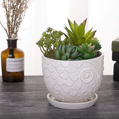Miniatura 6 de VanEnjoy Macetas de cerámica de búho blanco de 6.5 pulgadas para plantas medianas, suculentas, con platillo