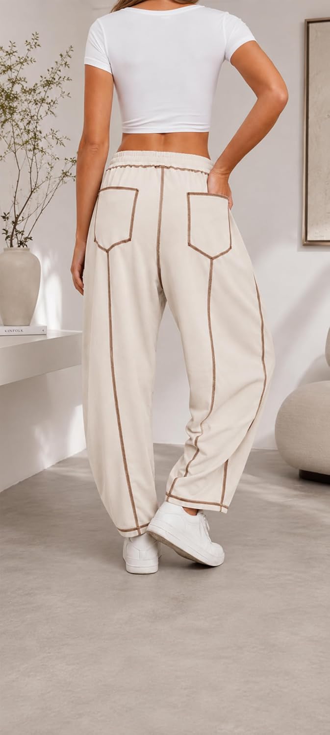 Barrel Pants for Women Wide Leg Sweatpants Drawstring Baggy Lounge Pants with Pockets Striped Track Pants