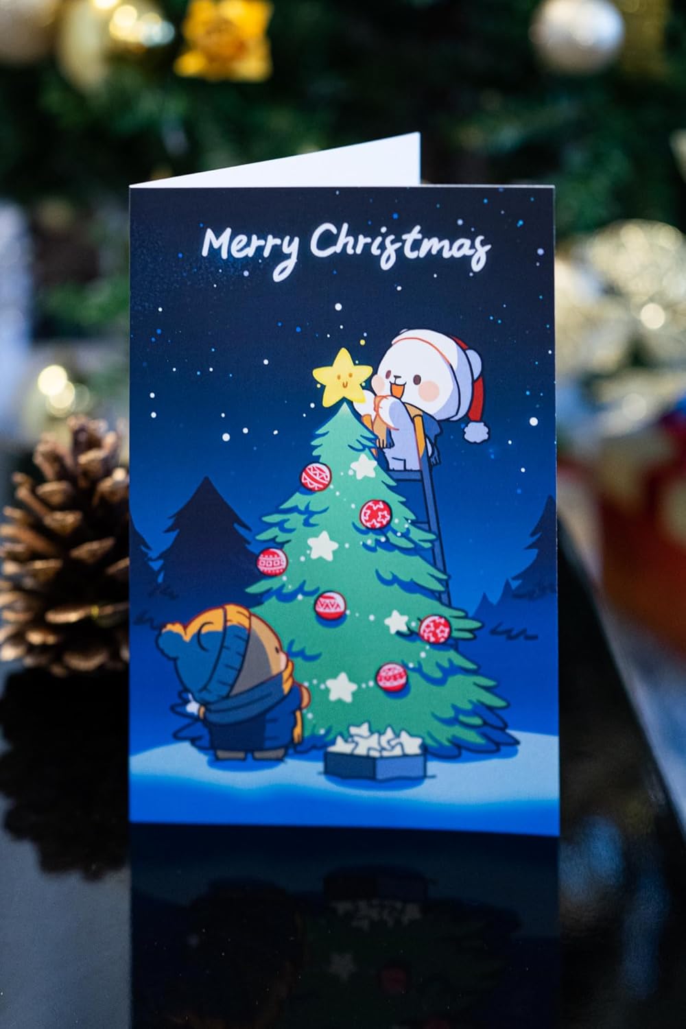 Milkmochabear Christmas Card 4-Pack Bundle Authentic Merchandise 4" x 6" Inch Blank Inside Milk and Mocha Greeting Cards with White Enevelopes Unique Designs for Family Friends Partners Cute Adorable