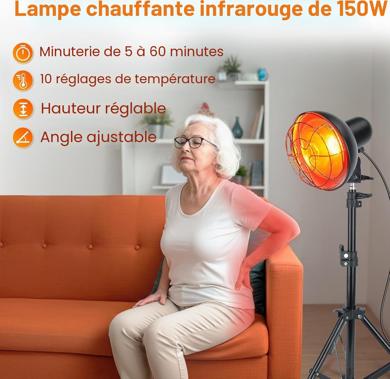 Lampe infrarouge 150W, température réglable | Chaleur 30–60°C, +50% pénétration, 10 niveaux, minuterie 5–60 min, hauteur 58–116cm
