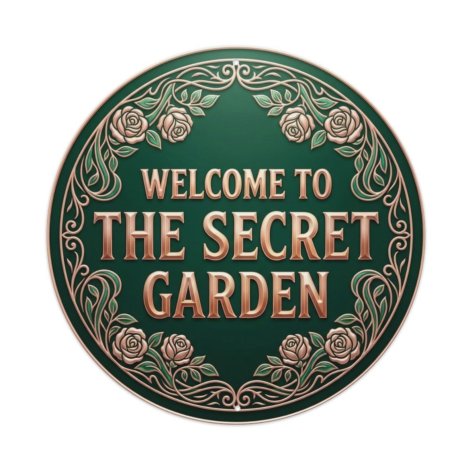 Vintage Welcome Secret Garden Rosegold Emerald Satin Metal Tin Sign