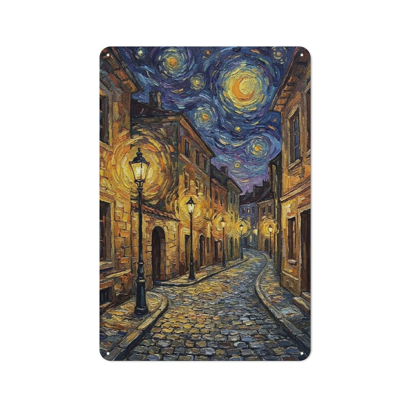 Junmoney Style-8 For Garden Room Or Summerhouse, Starry Night City Street Painting Retro Metal Sign 30X20cm, For Vintage Wall Decor Fans, For Metal Sign Collectors