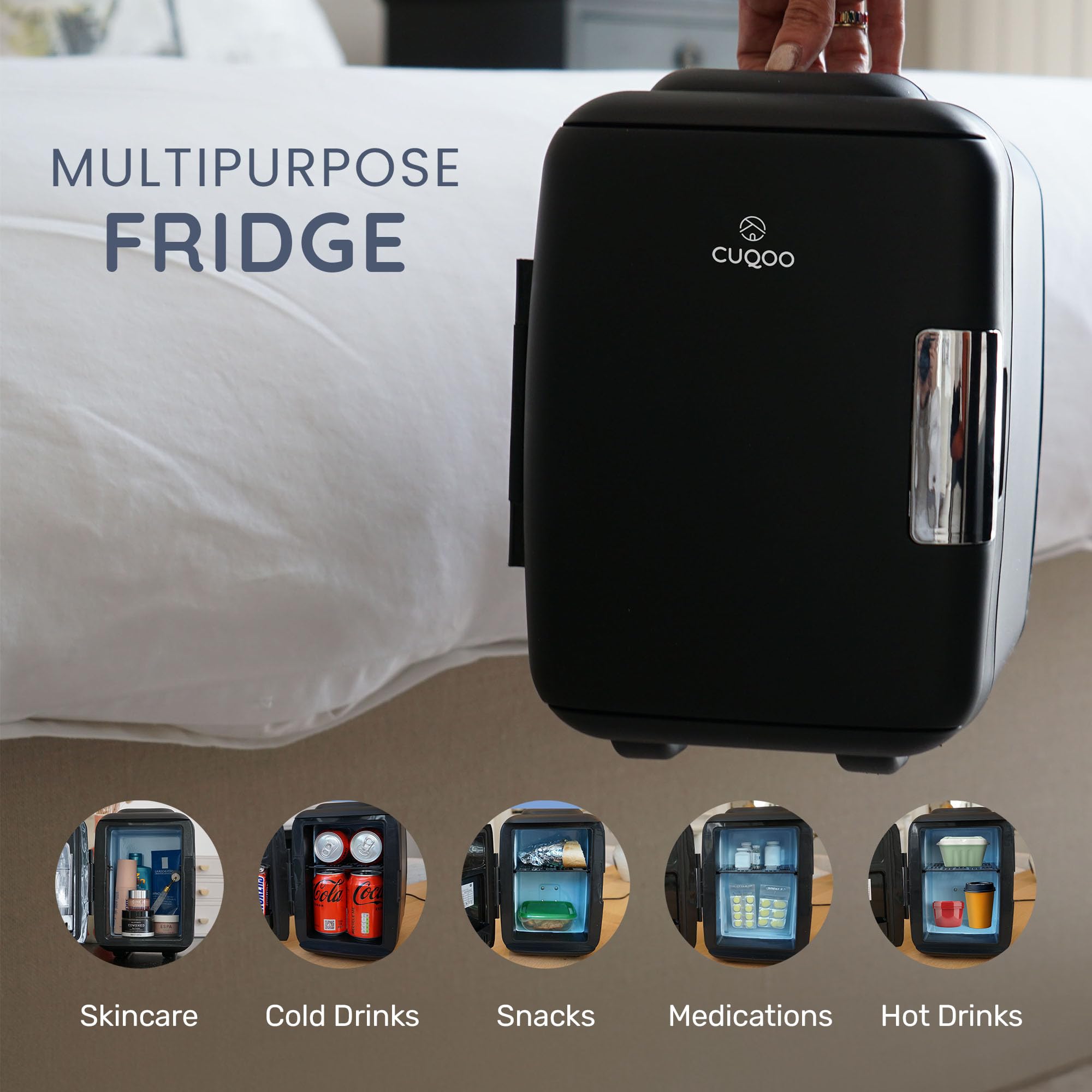 CUQOO Mini Fridge 4 Litre Quiet AC/DC Portable Cooler & Warmer for Drinks, Skincare & Food, Compact Tabletop Design, for Bedrooms, Home, Caravans, Cars, Thoughtful Gift Idea — view 9