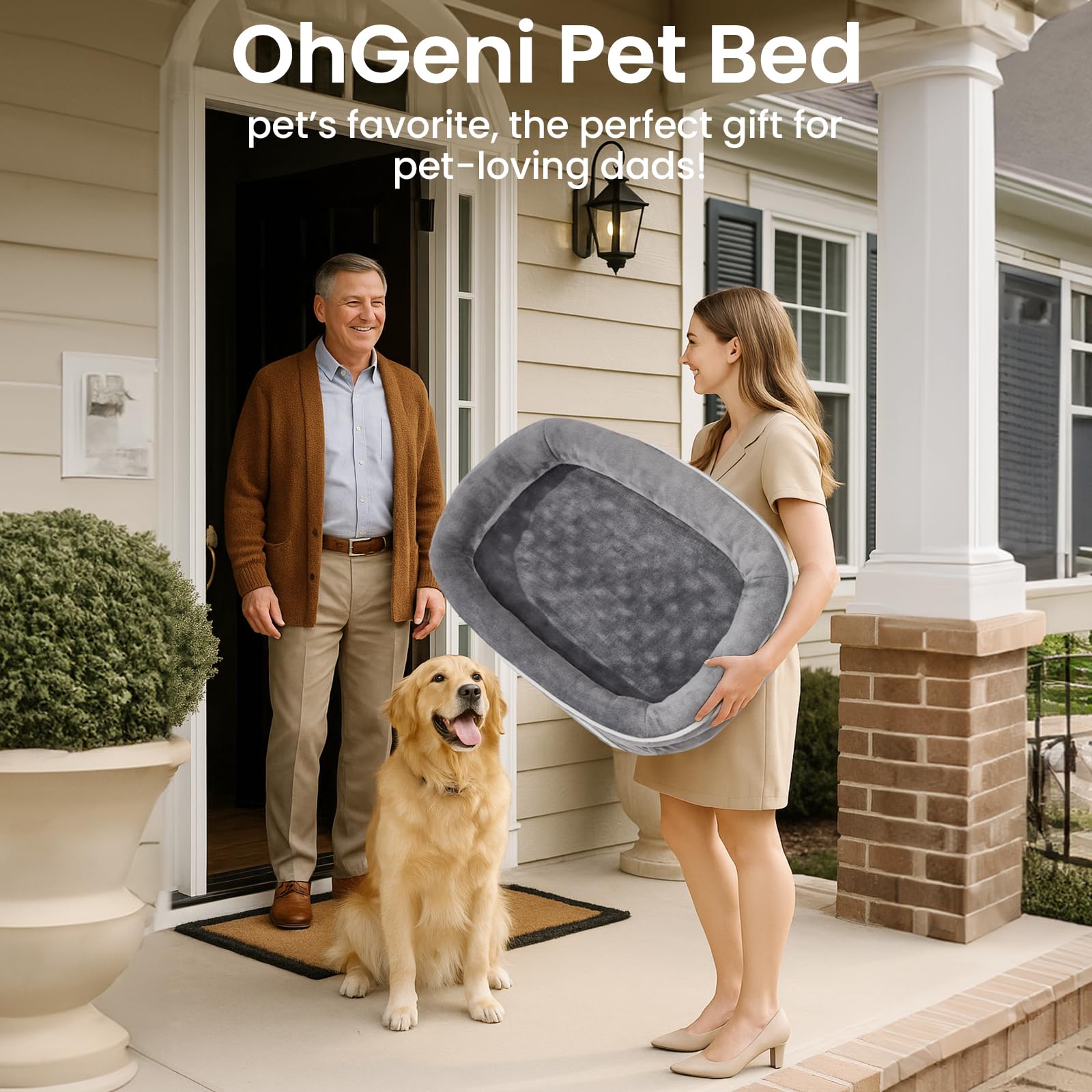 OhGeni Orthopedic Dog Couch Large Sized Pet Beds for Fathers Gifts with Comfort Foam Support, Soft Indestructible Fabric, Machine Washable Waterproof Removable Cover, 35-Inch (Gray)