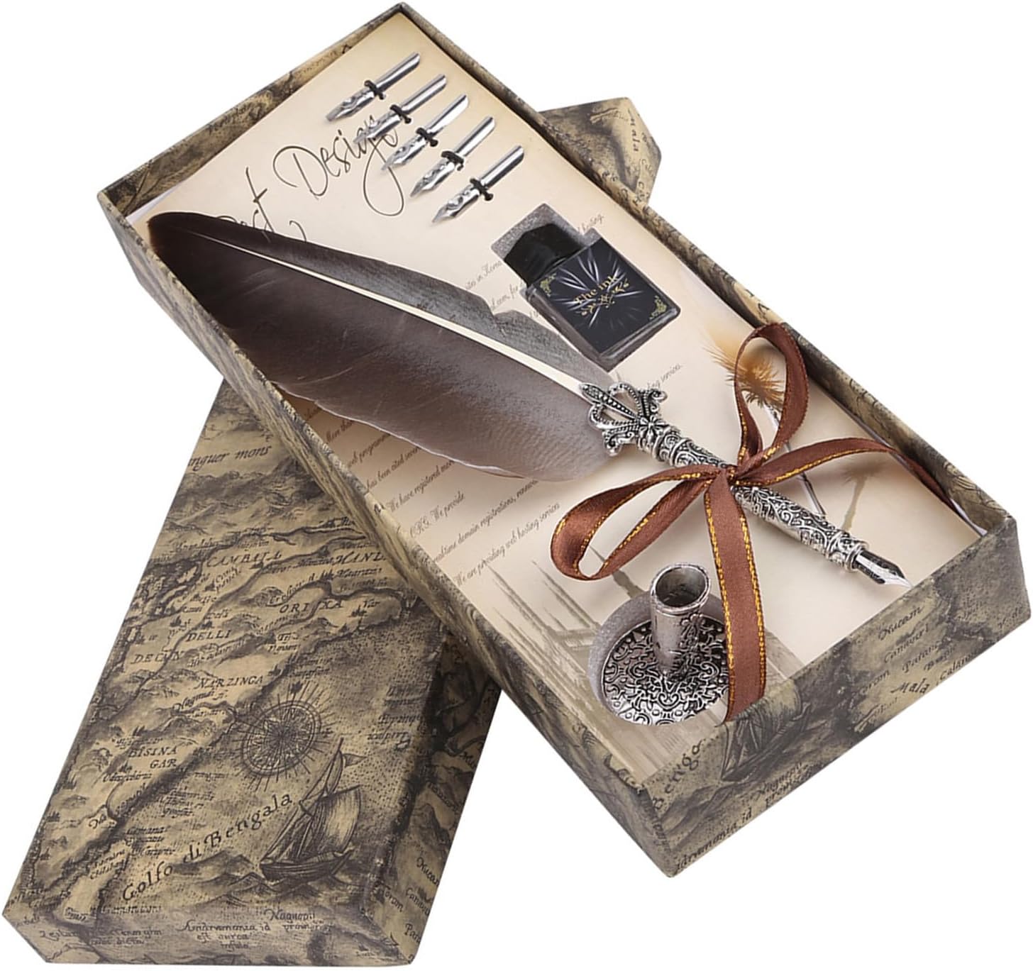 HEEPDD Quill Pen Set, 0.5mm English Calligraphy Dip Pen with 5 Extra Nibs Europeanism Vintage Quill Signature Pen with Empty Ink Bottle Wedding Birthday Creative Gift(Black) Calligraphy