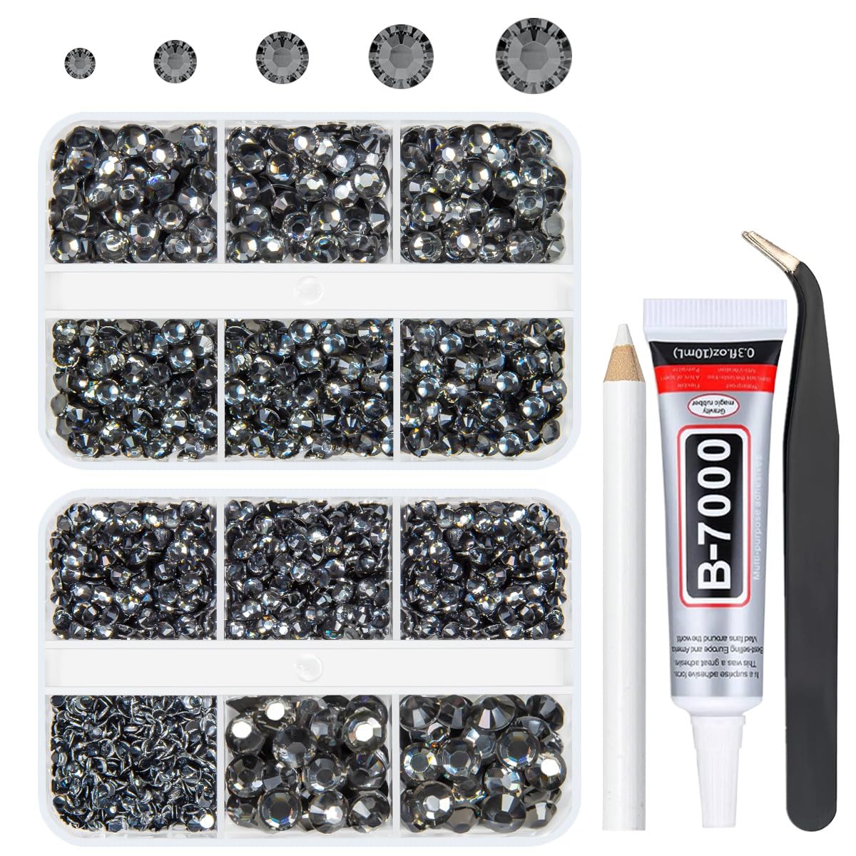 qiipii Dark Gray Resin Crystal Rhinestones for Bedazzling Crafting Black Diamonds Flatback Gems Stones 2mm-6mm Non-Hotfix Crystals Charms for Nails