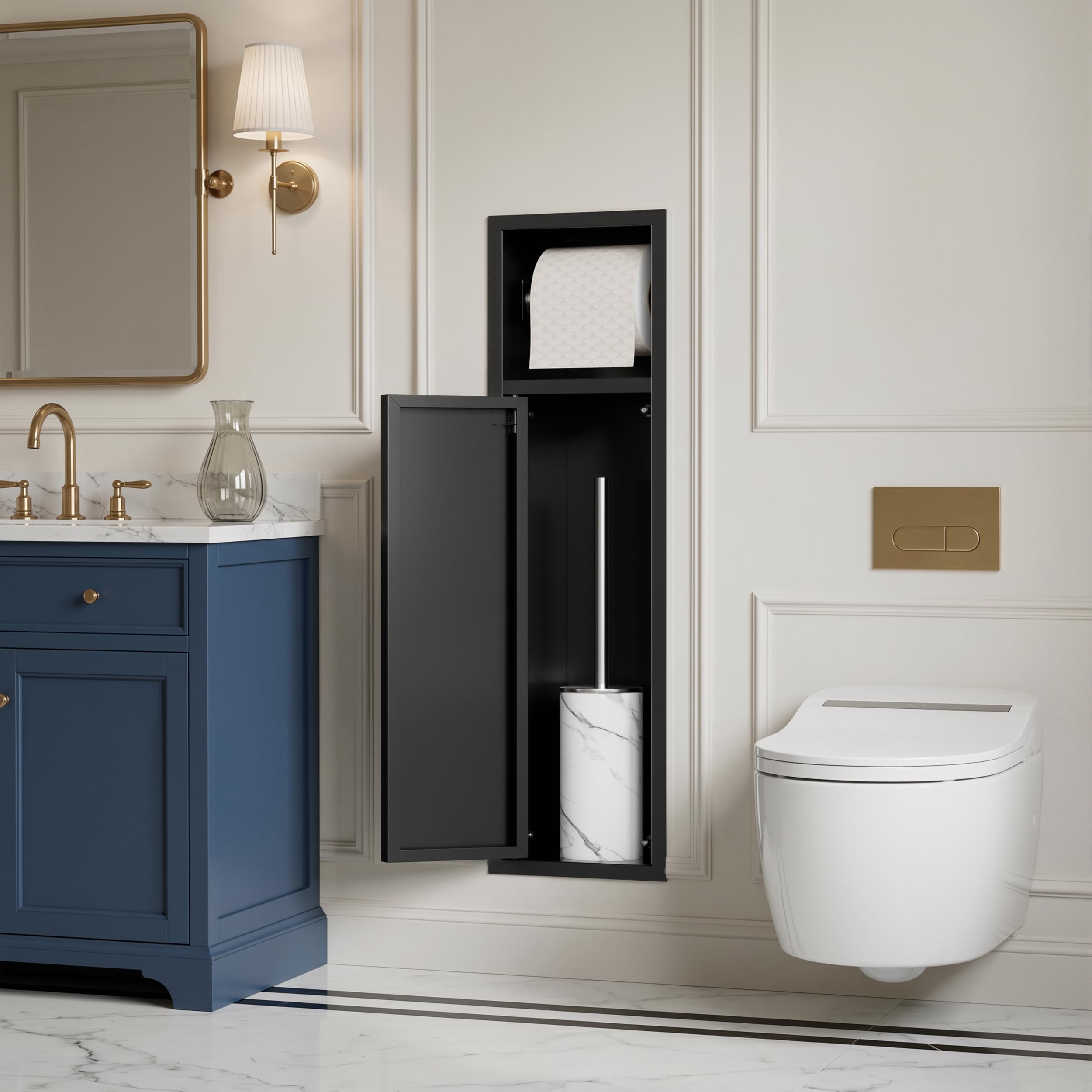 MSFE Portarrollos de Papel Higiénico Empotrado,Módulo de Armario Empotrado para Baño de Acero Inoxidable para Guardar Papel Higiénico y Escobilla de Baño en el Baño,Apertura a Presión,63x17.8x15CM