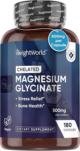 WeightWorld Glicinato de magnesio puro 500 mg - 180 cápsulas - suministro de 6 meses - Suplemento de magnesio quelado para aliviar el estrés y la