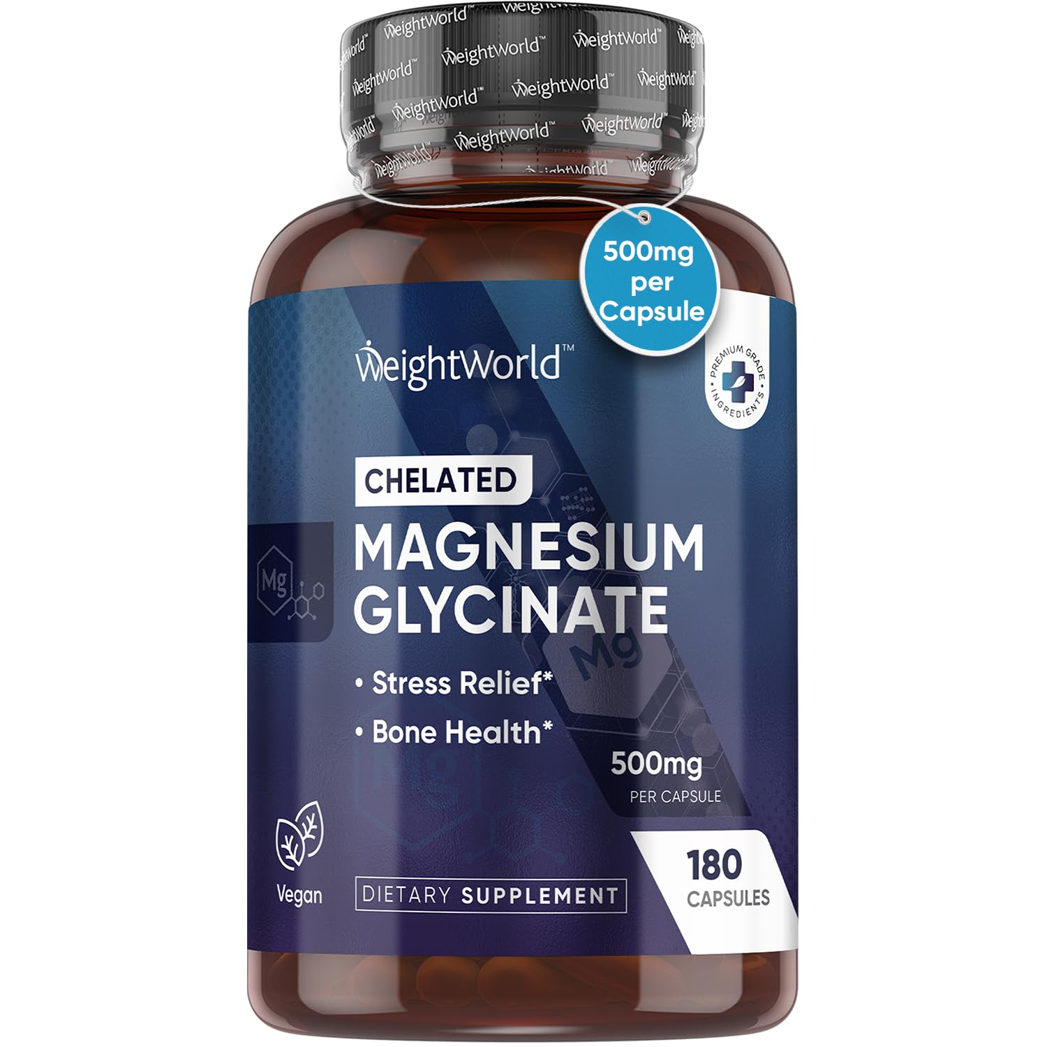 WeightWorld Pure Magnesium Glycinate 500mg - 180 Capsules - 6 Months Supply - Chelated Magnesium Supplement for Stress Relief & Bone Health - Vegan & Lactose-Free Magnesium Bisglycinate Capsules