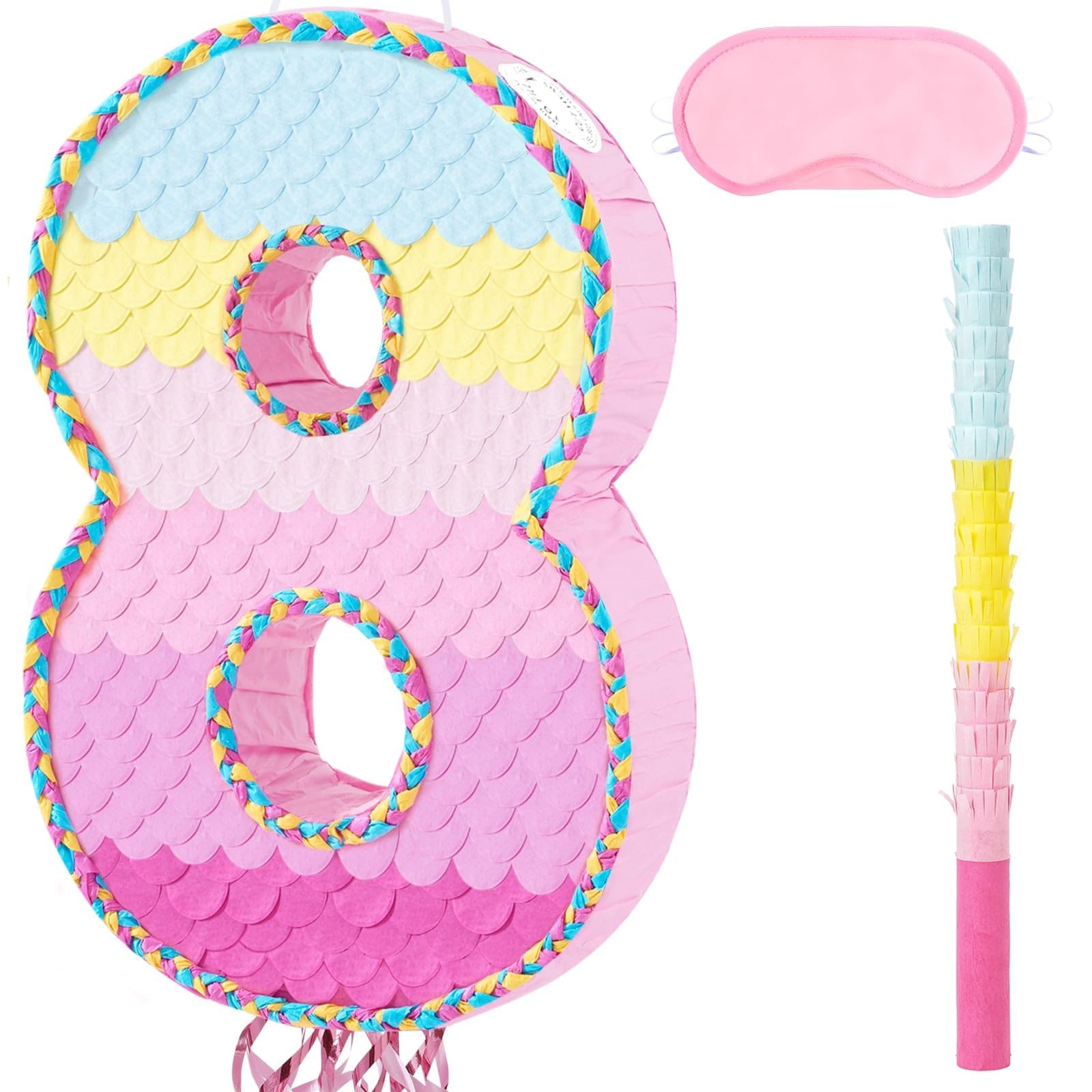 WERNNSAI Number 8 Pinata - Pink 8th Birthday Party Decorations 8 Birthday Pinata with Stick Blindfold Pull Strings for 8th Anniversary Party Decorations Carnival Supplies — image 1