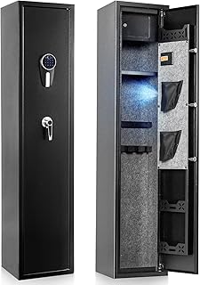 Gun Safe Biometric Gun Cabinet for 5 Rifles Gun Safe Home Long Gun Safe Wall Mount Rifle Safe for Home Closet with Pistol Rack and Pockets Ammo Organizer - GARDSURE