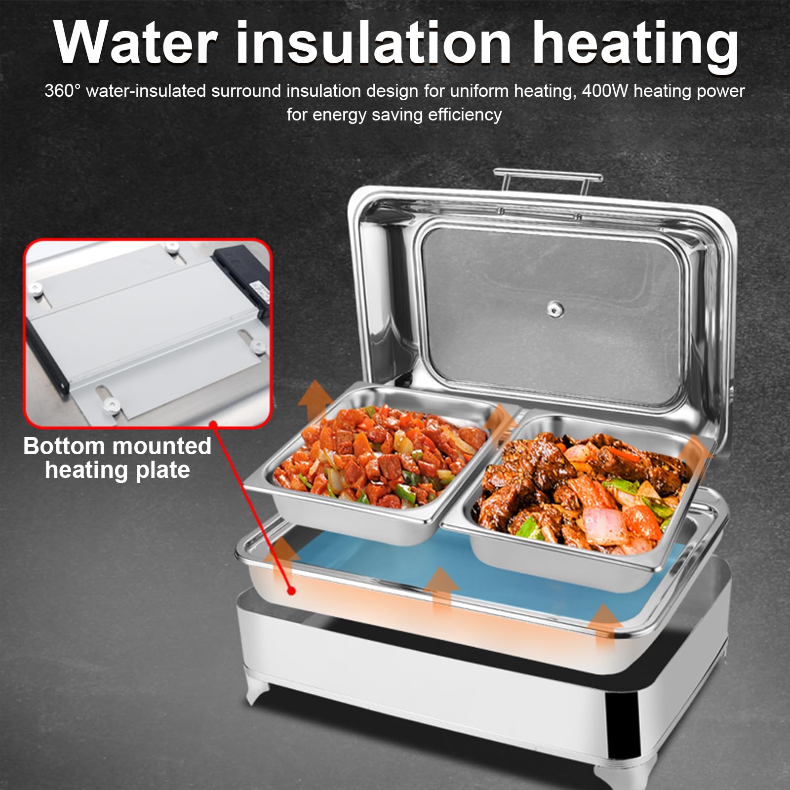 Chafing Dish Electrique, 9L Chauffe-Plats Buffet, Buffet Chauffant en Acier Inoxydable pour Restauration, Traiteur, Buffet Fêtes, Température Réglable 30-85 °C (1/3)
