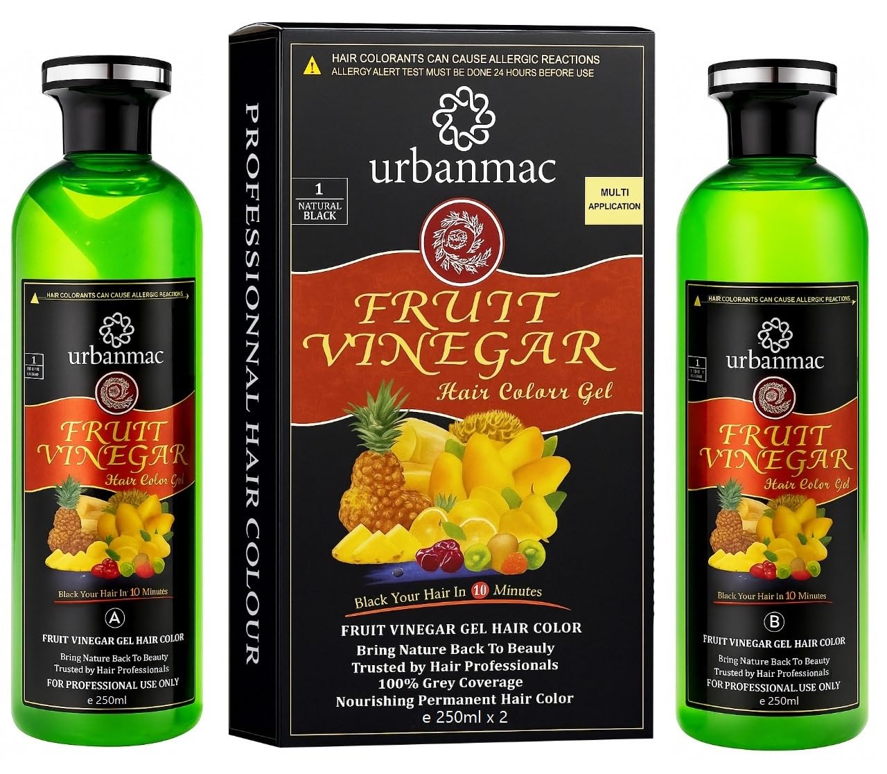 URBANMAC Fruit Vinegar Hair Dye Color for Both Men, Women, Natural & Ammonia Free Color Dye (Black) 250 x 2 ML