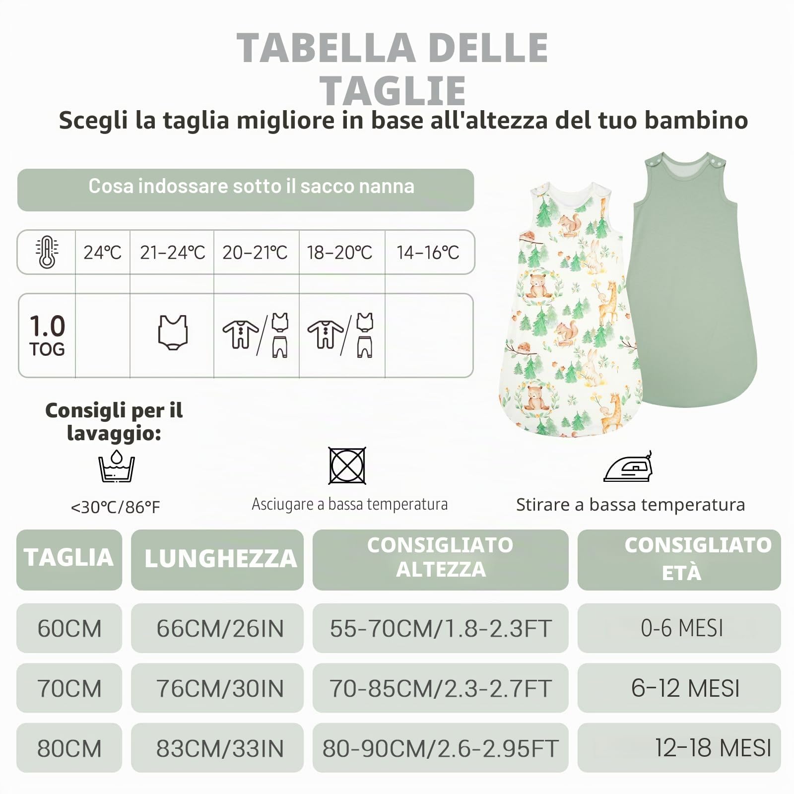 WYTbaby Sacco nanna per bambini 1 Tog, 100% cotone, sacco nanna per tutto l'anno
