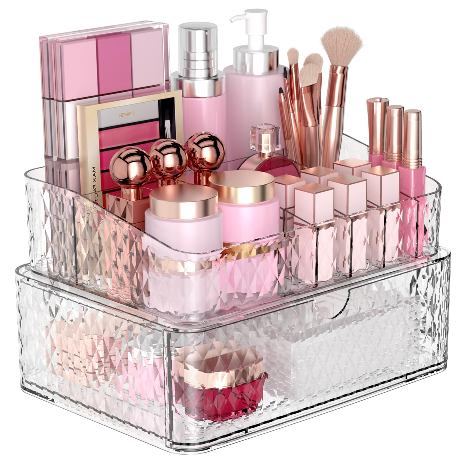 Joymeezo Makeup Organizer with Drawers, Cosmetic Display Case with Diamond Pattern for Dresser Vanity and Bathroom Countertop, Beauty Holder for Lipstick Brush, Skincare Organizer
