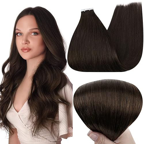 Paquetes de 3 para cabeza completa extensiones de cabello castaño oscuro Full Shine con cinta, extensiones de cabello lacio de 18 pulgadas para