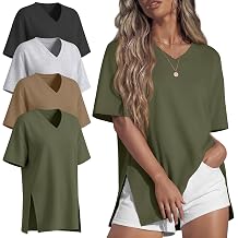 4 Pack Women's Oversized Workout Tees | Short Sleeve, V Neck, Baggy Tops, Side Split, Drop Shoulders, Multipack, Casual, Gym, Daily Wear