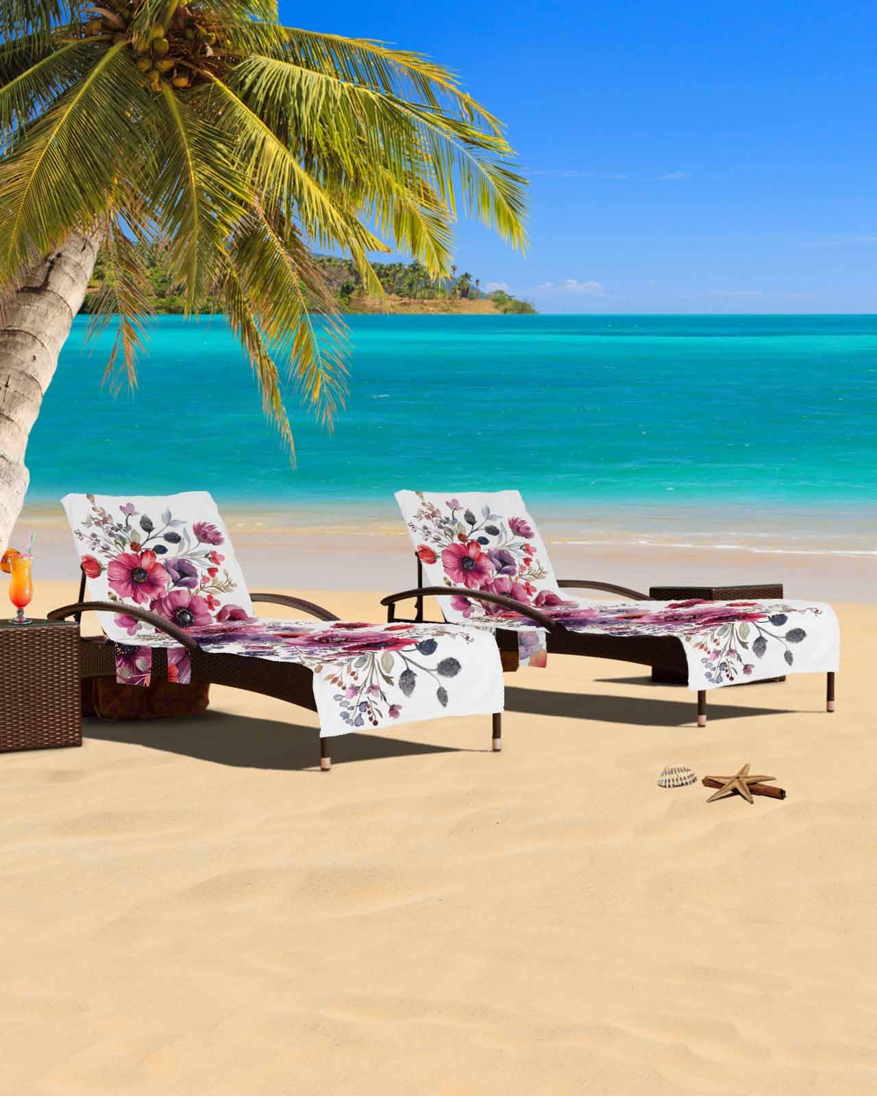 Purple Floral Beach Chair Cover with Side Pockets, Microfiber & Quick Dry Pool Chaise Lounge Chair Towels Covers for Sun Sunbathing Patio Garden Hotel, Eucalyptus Aesthetic Leaves Botanical White