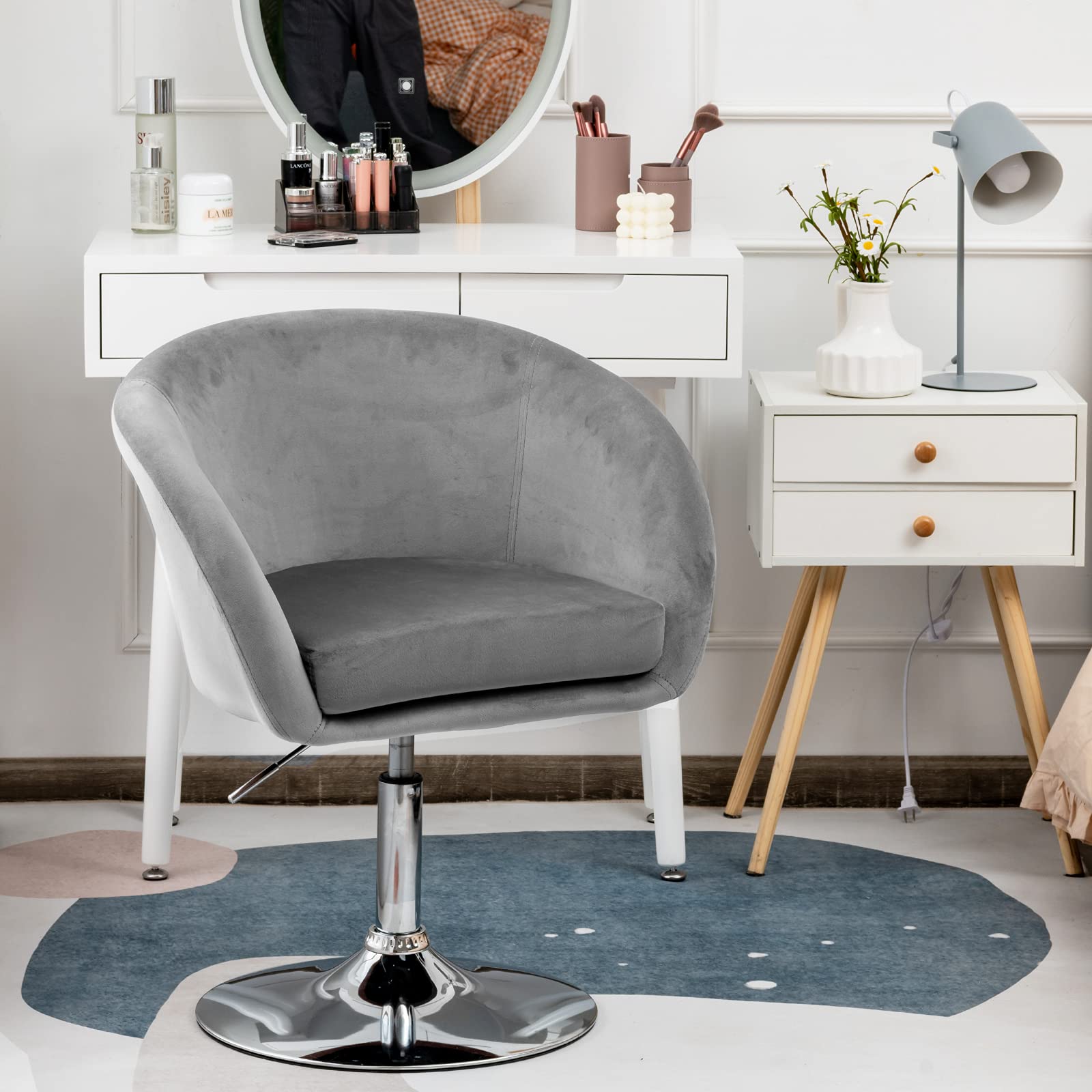 COSTWAY Chaise Coiffeuse Pivotante en Velours, Fauteuil de Bureau sans roulettes Hauteur Réglable, Chaise de Bureau en Éponge Élastique, Base Galvanisée, Charge 125kg(Gris)