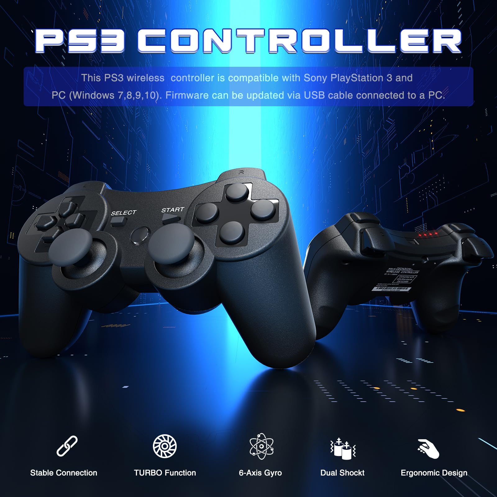 Sefitopher Wireless Controller for PS3, Bluetooth Gamepad with DualShock & Charging Cable, Compatible with PlayStation 3 (Black) — view 2