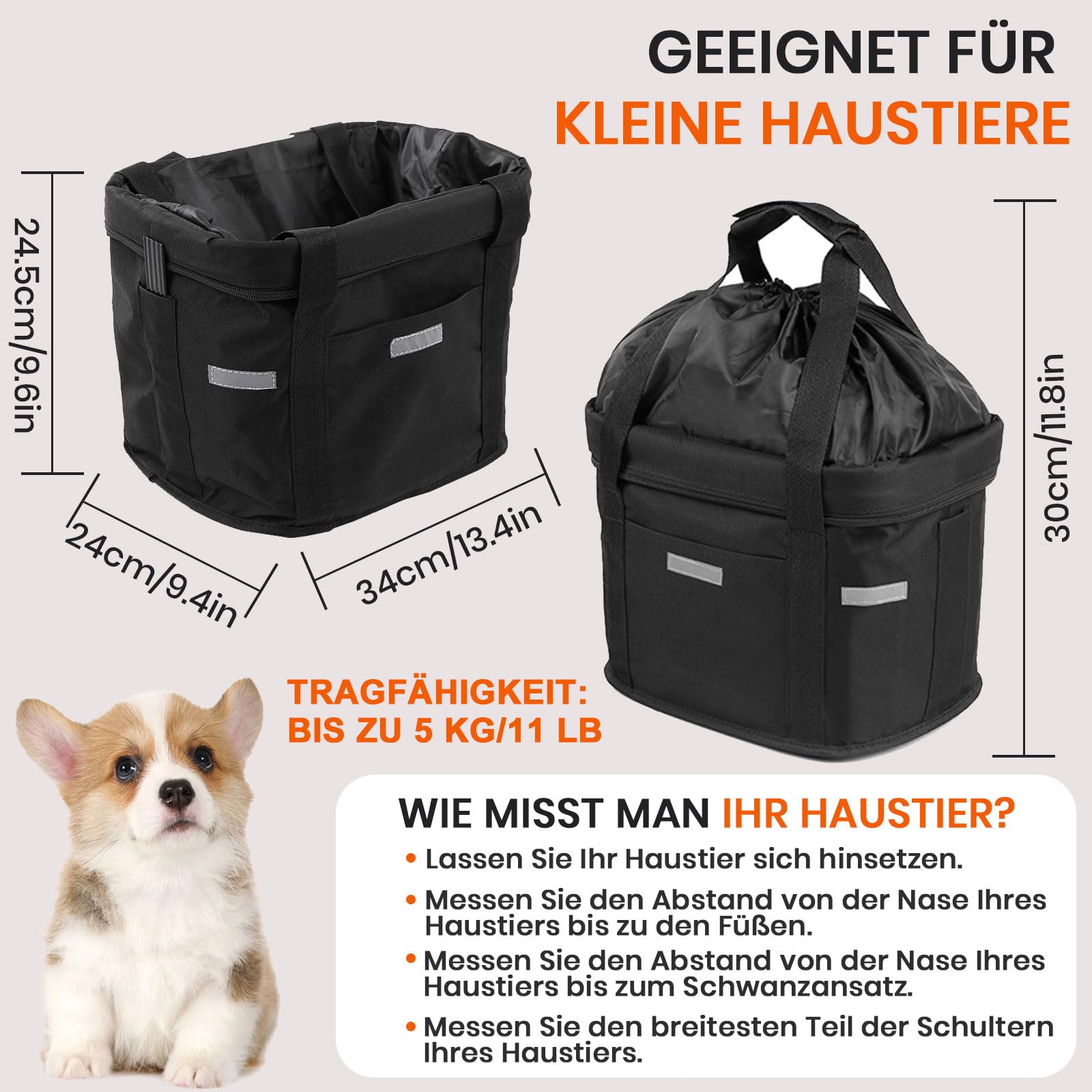 Faltbarer Fahrradkorb, Fahrradkorb Vorne für Hund, Easy Install Abnehmbare FahrradkorbTasche, mit Lenkeradapter für Kleiner Hunde, Einkaufen, Picknick (Schwarz)
