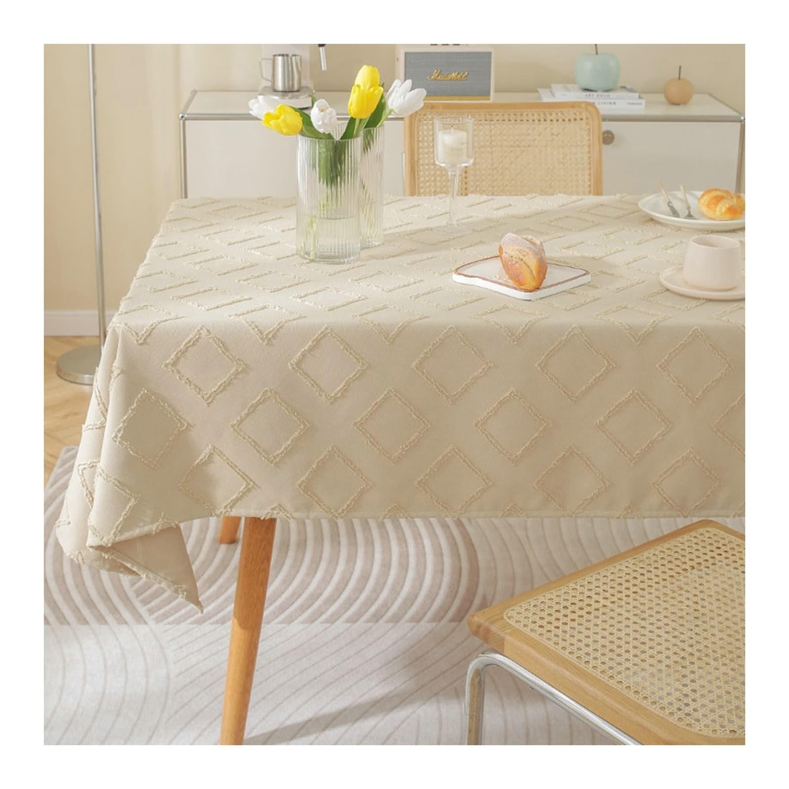 Tablecloth Khaki, bawełniany obrus z lnu, mały romb, zmywalny, kwadratowy, 135 x 135 cm, do salonu, jadalni, na balkon, do ogrodu