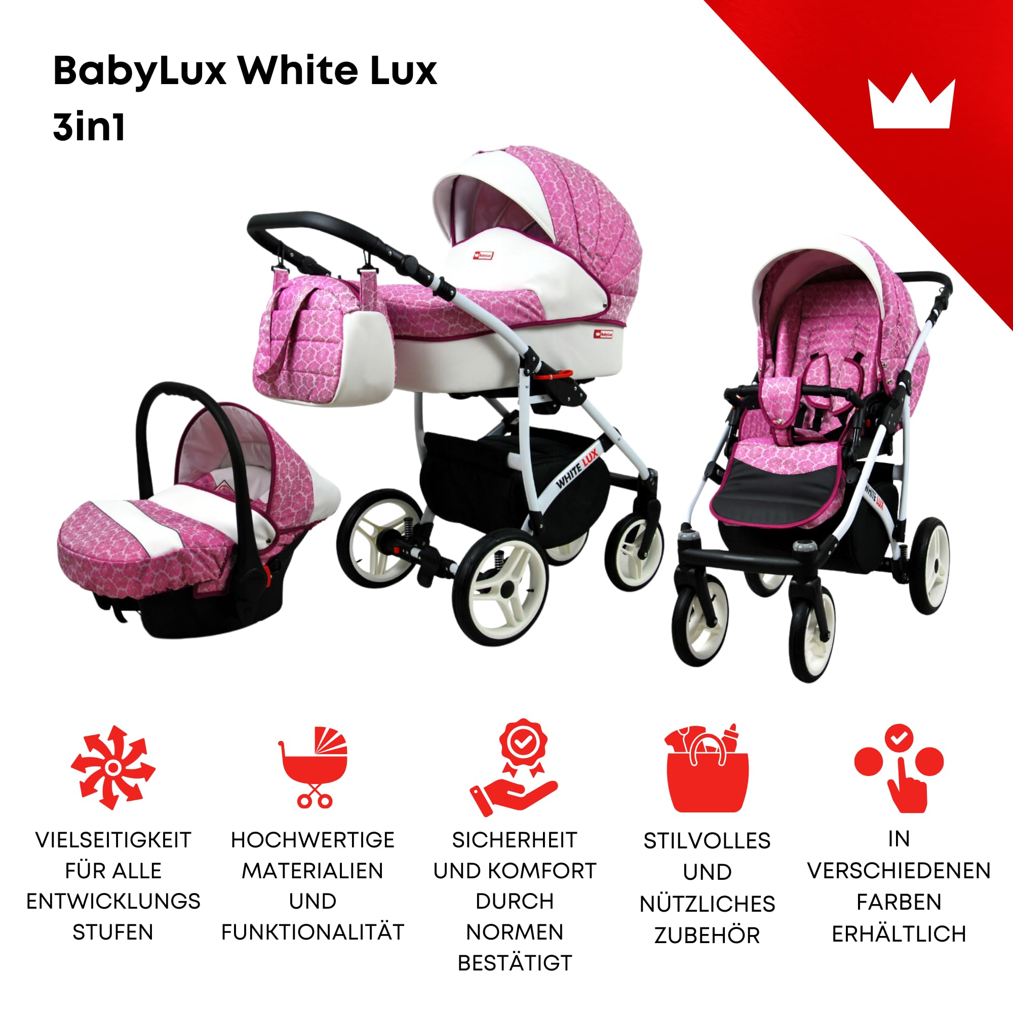 BabyLux® Kinderwagen Set 3 in 1 - White Lux - incl. Babywanne, Buggy Sportsitz, Auto-Babyschale - Autositz - Kinderwagenset - Kombikinderwagen mit Wickeltasche, Regenschutz usw.
