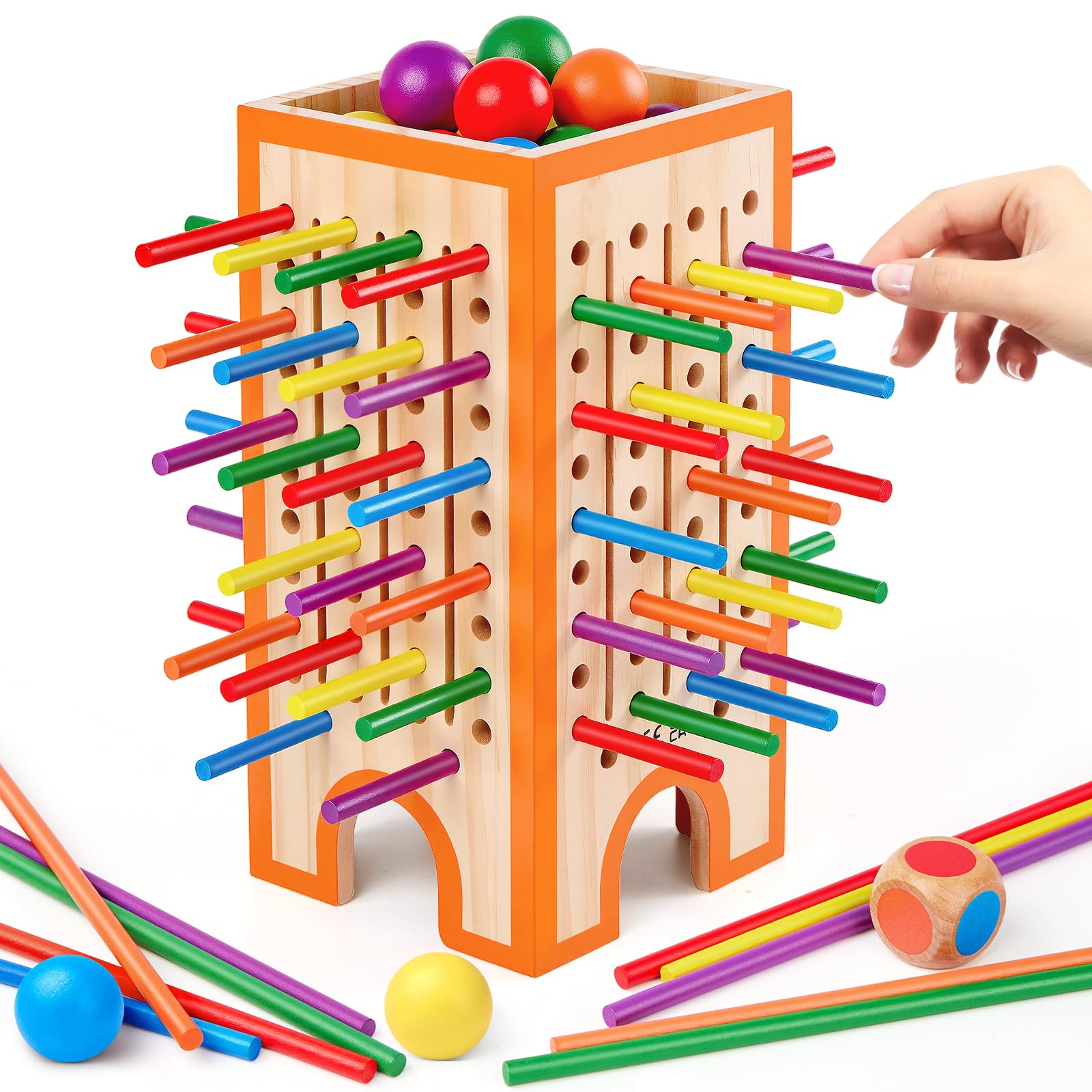 Montessori Game Wooden Board Games, Kids Game with 42 Sticks and 12 Balls, Educational Toys for 3 4 5 6 Years Old, Math Learning, Fine Motor Skills Toy, Family Travel Games Gift for Boys Girls