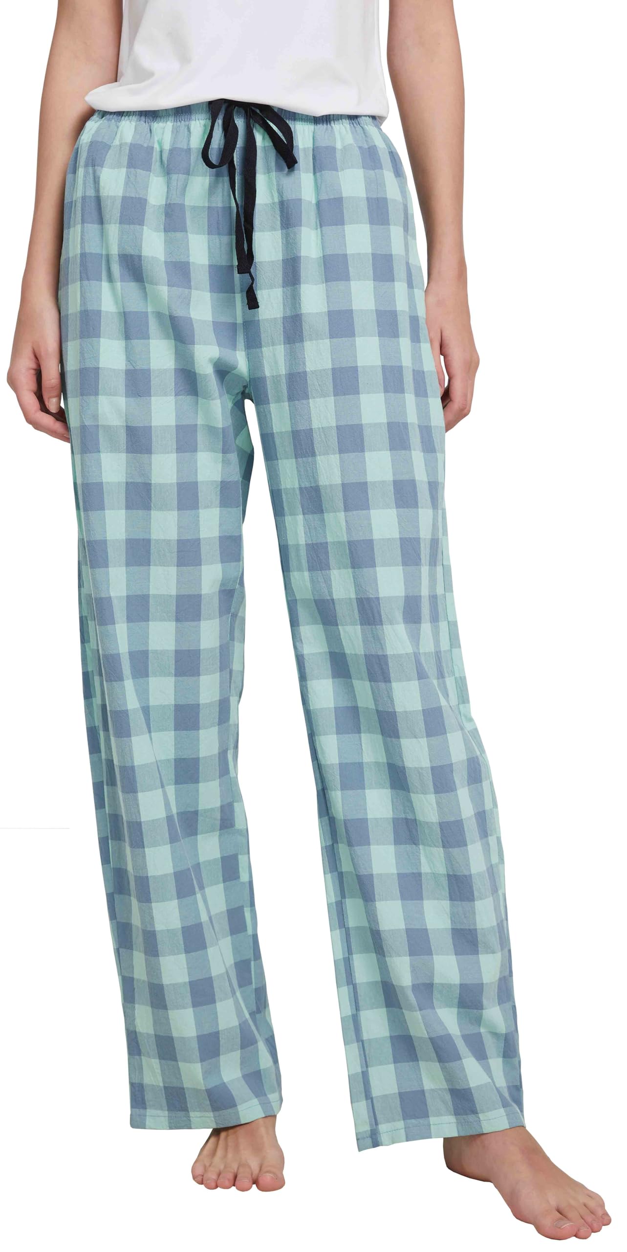 HiddenValor Womens Lightweight Woven Cotton Plaid Pajama Lounge Pants With Pockets-Light Green/Grey-XS