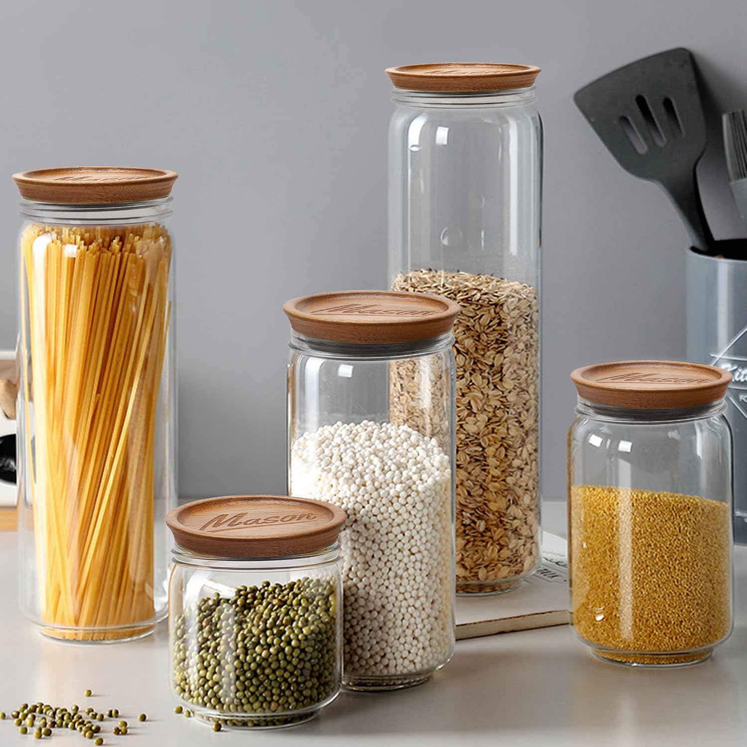 6 Pcs Acacia Wood Mason Jar Lids Regular Mouth Canning Jars Supplies Decorative Small Mouth Mason Jar with Wooden Lid Silicone Reusable Can Lids for Jars Tops Glass Cover Canning Accessories