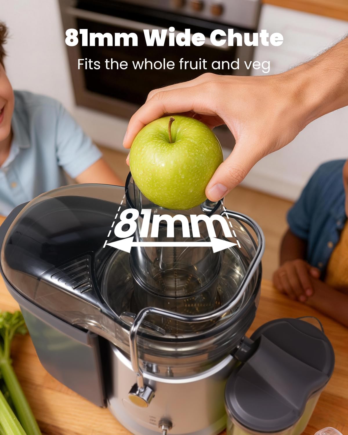 GDOR Centrifugeuse puissante de 1200 W de 2 L avec grande ouverture de 81 mm de large, machine à jus de fruits et légumes entiers, facile à nettoyer, moteur en cuivre, brosse anti-goutte incluse