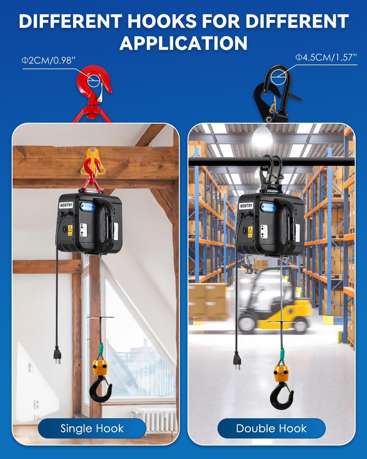 NEWTRY 1600W Paranco elettrico 500 kg PRO, con telecomando da 100 m e comando a filo da 5 m, sollevamento massimo di 9 m, ganci doppi più sicuri con istruzioni in italiano