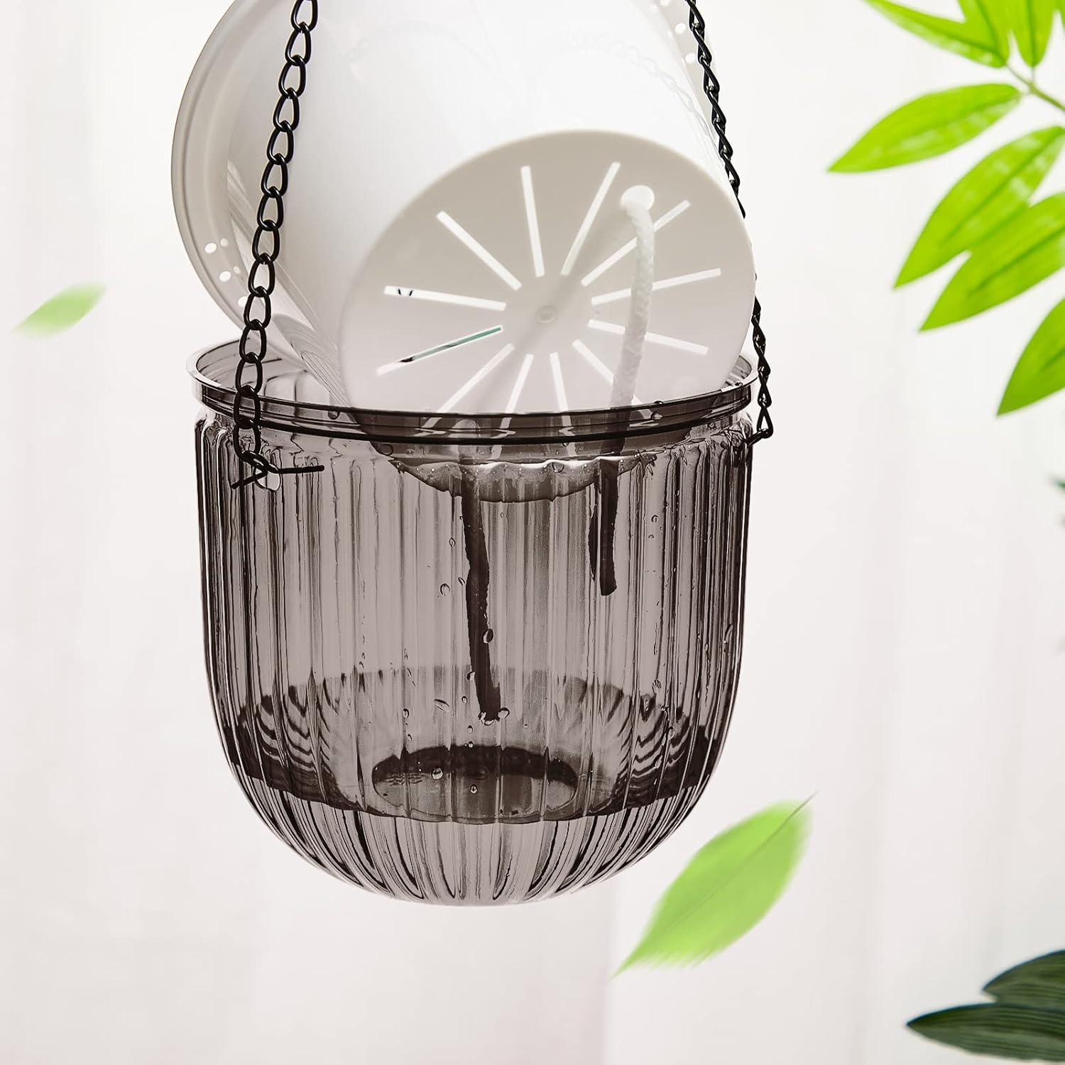 Meanplan 4 Pcs Self Watering Hanging Planter Indoor 6.5 Inch Hanging Baskets for Plants Outdoor Plastic Flower Pot with 3 Hooks Chains Drainage Holes for Garden Home, Medium Size(Gray)