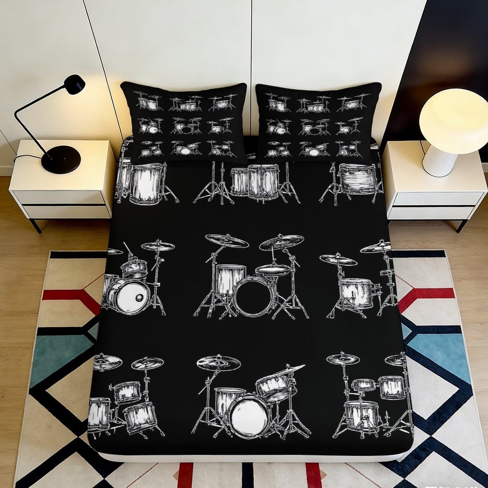 3D Printed Drum Set Fitted Sheet Microfiber Soft Durable Black Bed Cover with Music Pattern Mattress Cover for Bedroom Dormitory Guest Room Protection 90x200x25cm