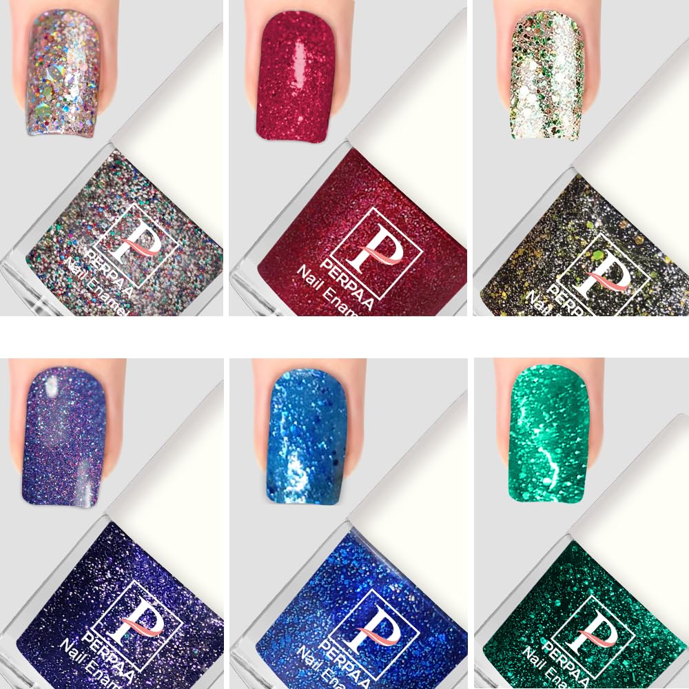 PERPAA Glitter High Shine Nail Polish 5 ml each Combo pack of 6 Nail Art at Home Gift for Women & Girls (Silver,Red,Green,Royal Blue,Turquoise,Dark Green)-image-43