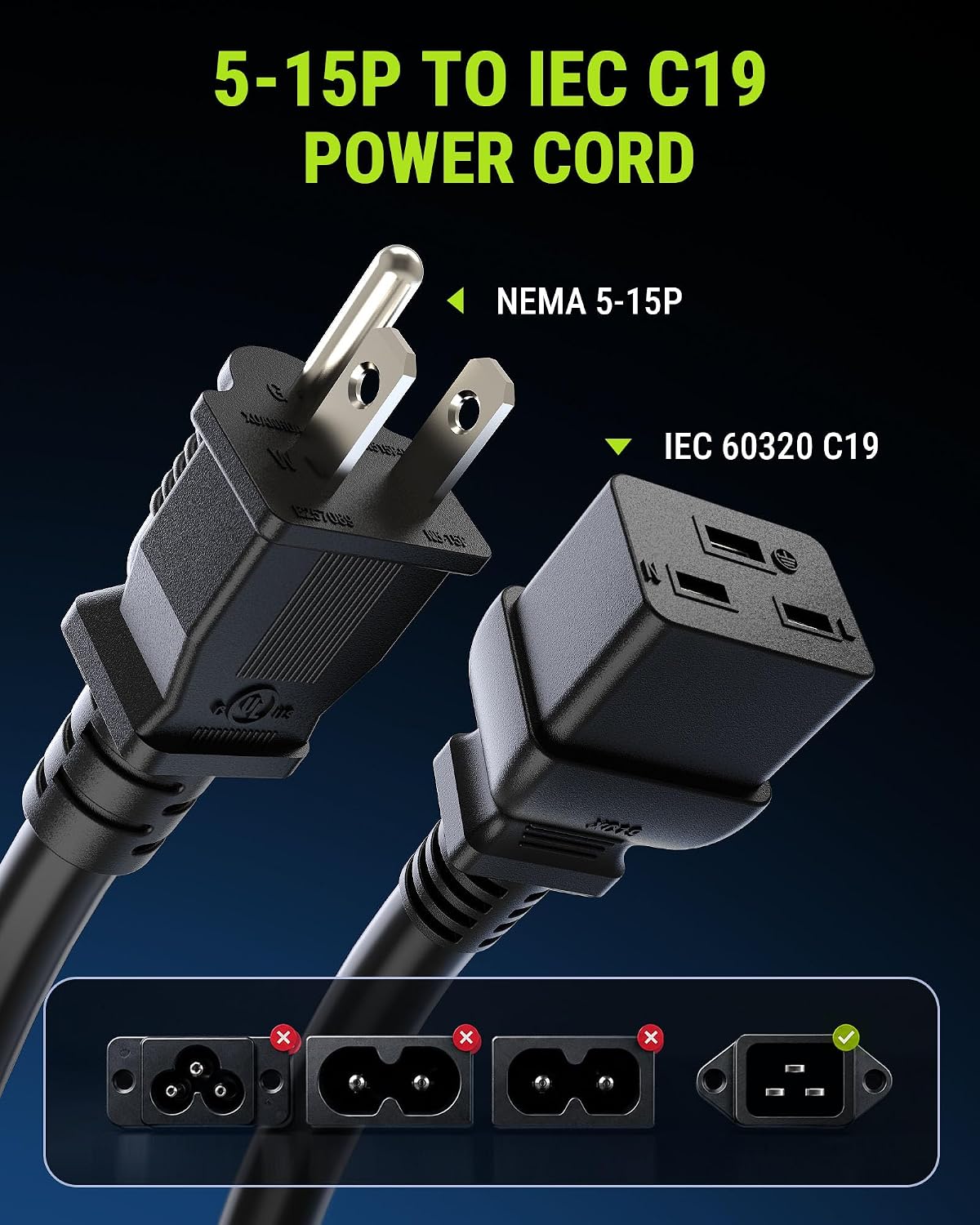 12AWG Heavy Duty AC Power Cord NEMA 5-15P to C19, 20A 125V Replacement Power Extension Cable for Server, UPS, PDU, High-Power Computer, Network Data Center Equipment, 9FT