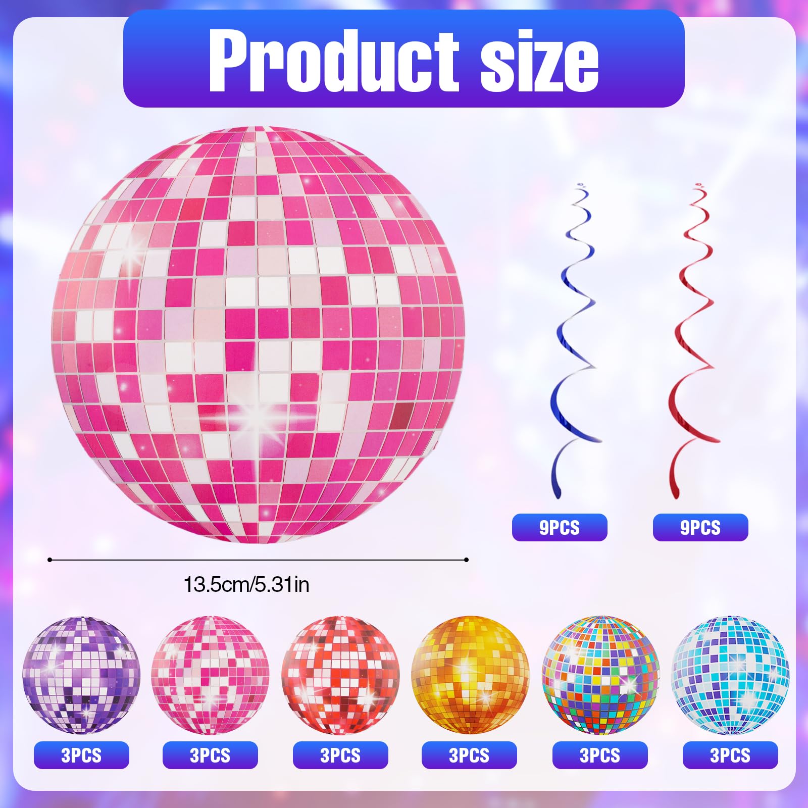 Decorazioni Per Feste Anni '70 Discoteca - Kit Con 2 Banner E 12 Vortici Appesi, Cartone Resistente, Tema Retrò - 4