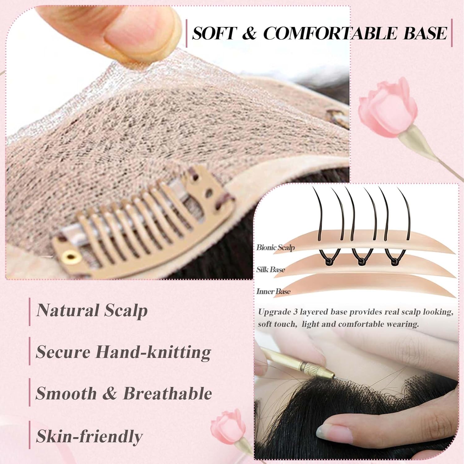 Real Human Hair Toppers for Women - No Bangs Wiglets, Upgrade 3.9x4.7Inch Silk Base Clip ins, 150% Density Remy Hair Wig Topper #1 Jet Black