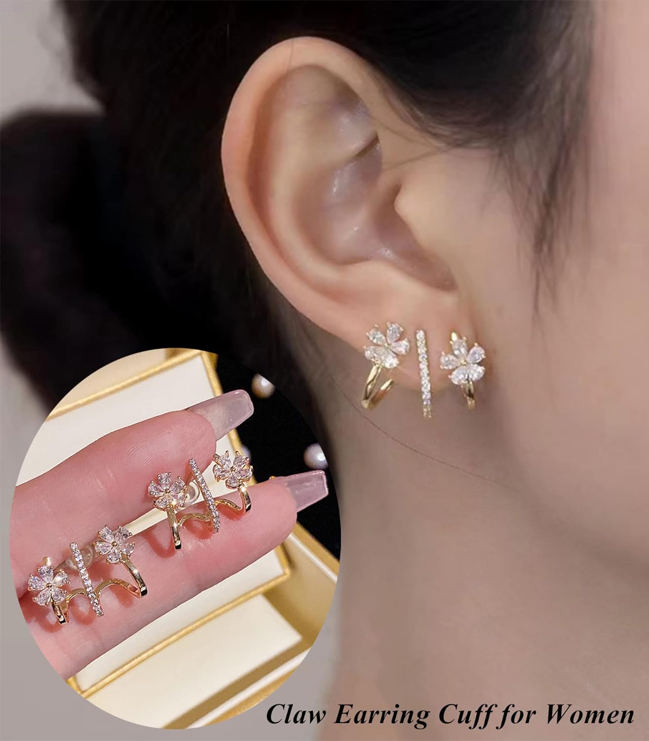 Tornito 4 Pairs Claw Ear Cuffs Zircon Pierced Needle Stud Earrings Minimalist Ear Wrap Butterfly Pearl Piercing Claw Earrings for Women Gold Silver Tone - Image 4