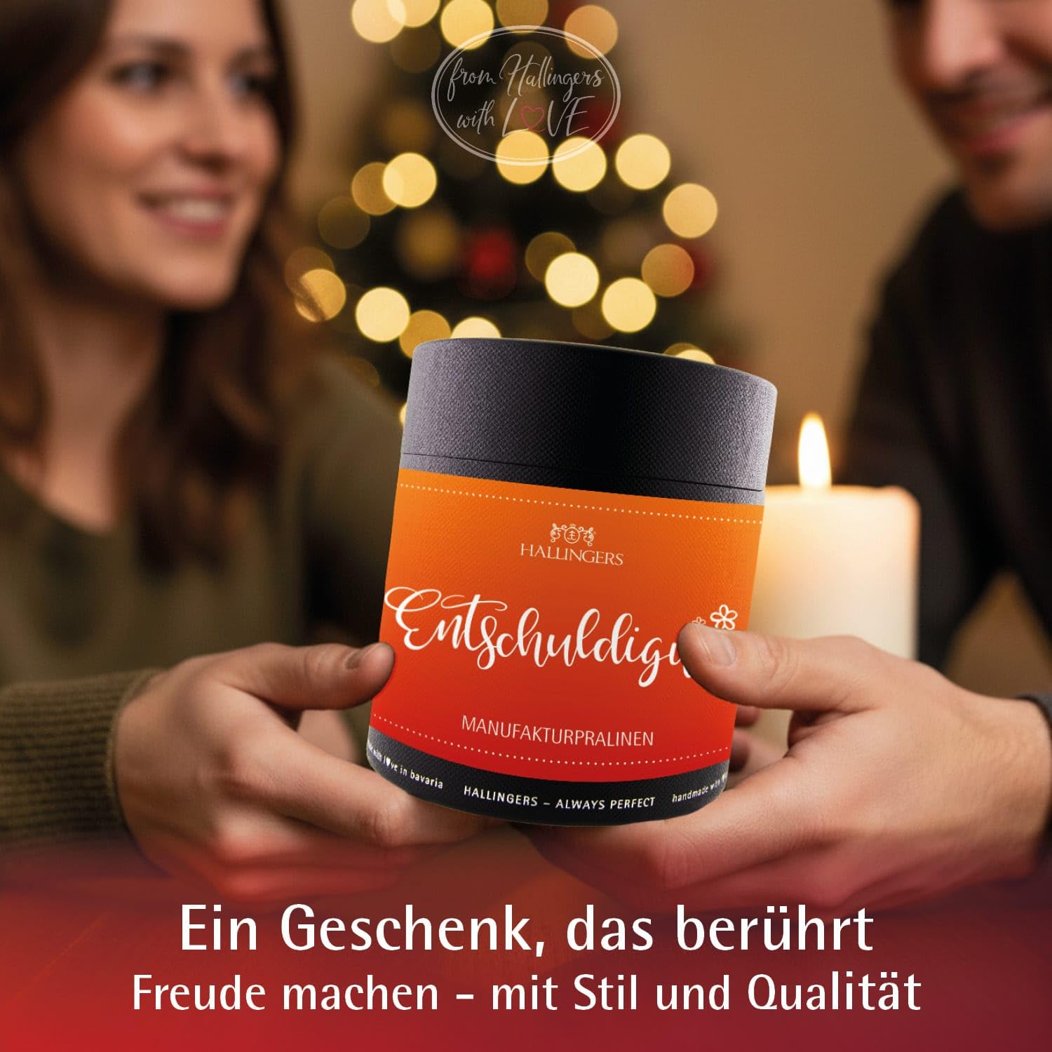 Hallingers Genuss Manufaktur Pralinen Glückwunsch-Geschenk - ohne Alkohol, handmade aus Confiserie-Edelkakao in wertiger XXL-Geschenkdose "Entschuldigung", Geschenkidee für Frauen Männer