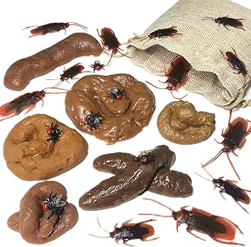 Cooplay 24pcs Fake Dog Poop Realistic Turd Cockroach Fly Flies Maggot Halloween Novelty Floating Poo for April Fools Day Christmas Prank Tricky Toys Props with Drawstring Bags