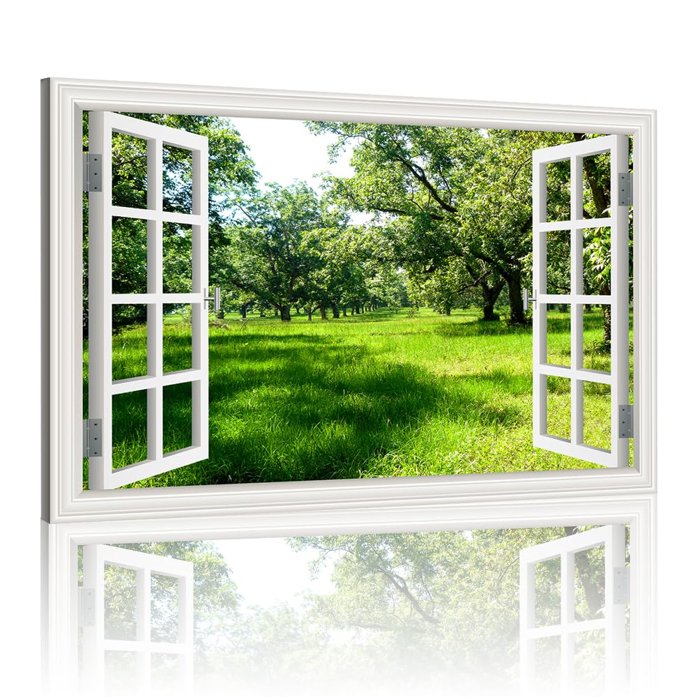 NustilaCanvas Print Nature Wall Art Window Frame Style Sunlight Over The Green Forest Landscape Tree Picture Wall Decor Wrapped Canvas Art Painting for Home Office Decor Ready to Hang - 28x40 inches