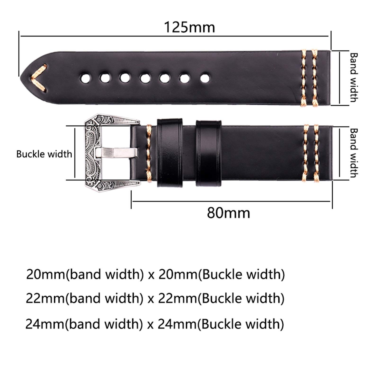 Uhrenarmband, handgemachtes Uhrenarmband 20mm 22mm 24mm Leder Uhrenarmband 4 Farben Rindsleder Uhrenzubehör Retro Stahlschnalle, Armband